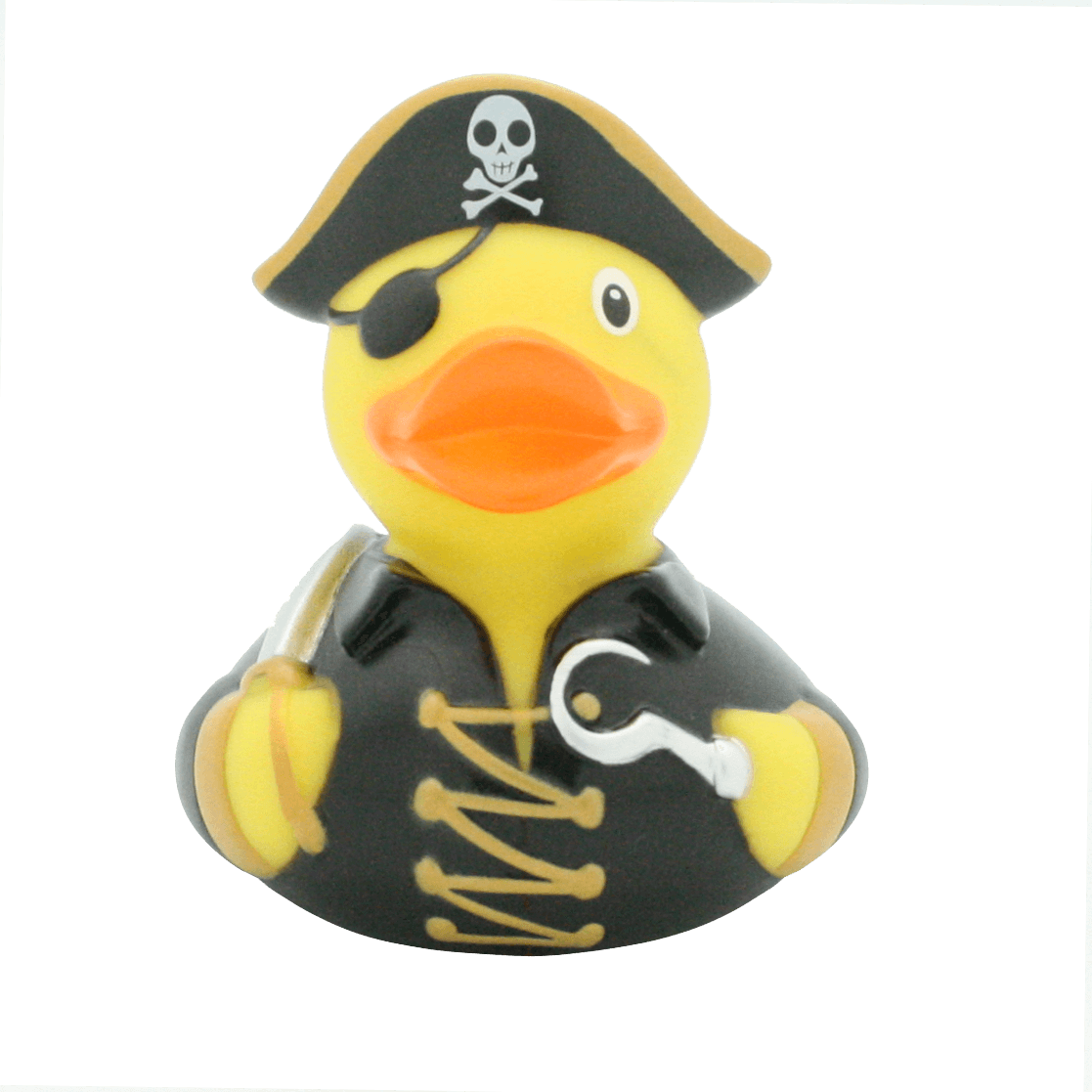 Lilalu Rubber Duck dressed as a pirate with a black hat, eye patch, and hook hand. Fun baby bath toy from the Lilalu Rubber Ducks Blind Box collection.